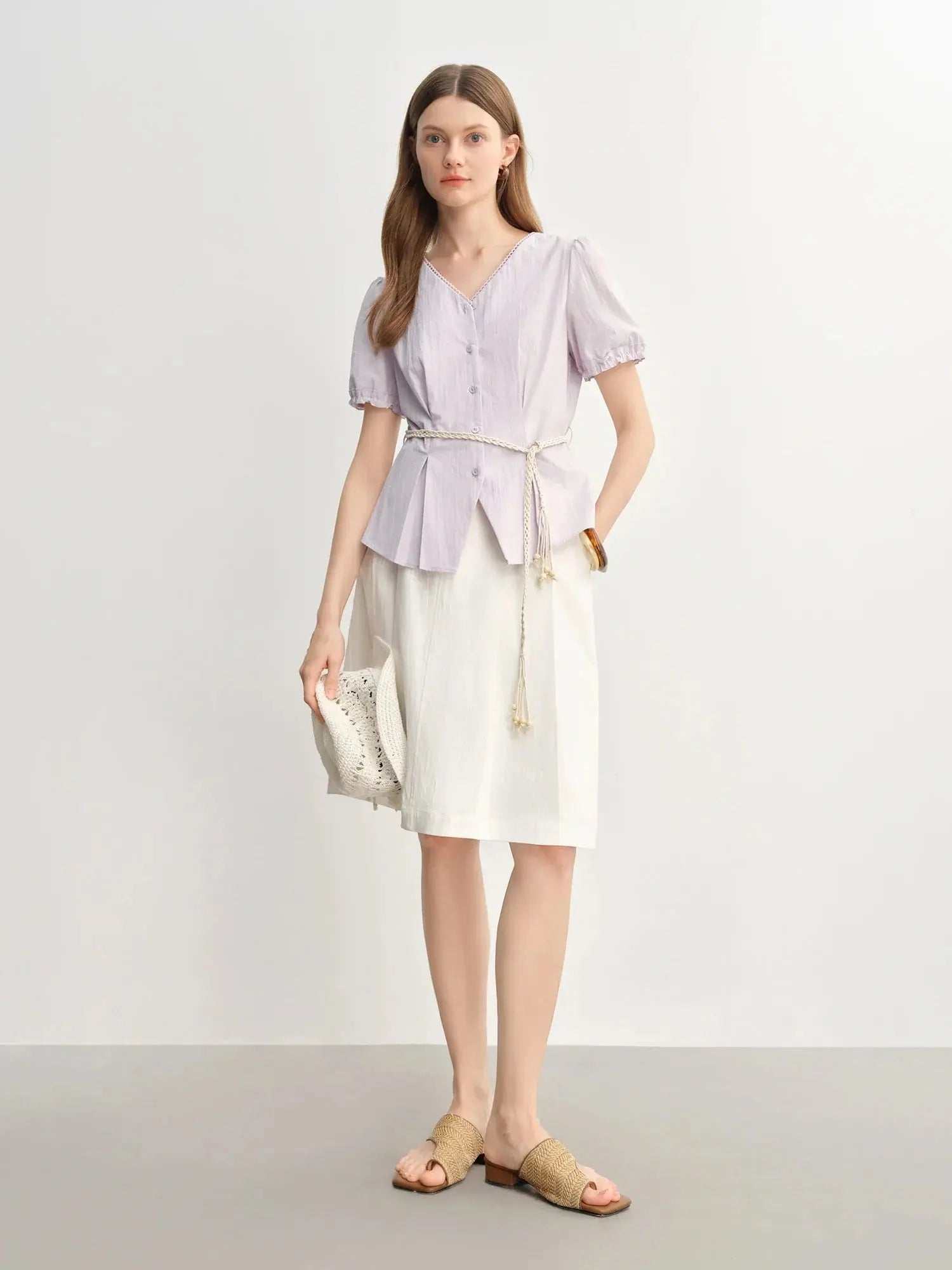 Summer V-Neck Top with Textured Pleats