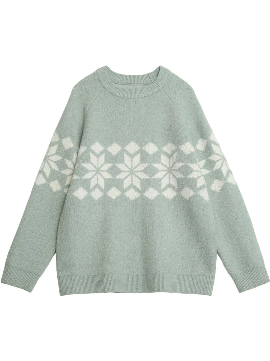 Snowflake Round Neck Knitted Pullover - Winter Jumper