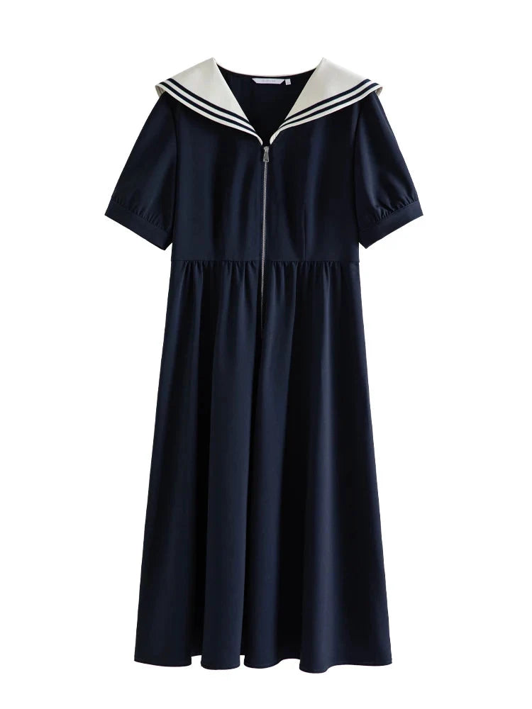 Navy Contrast Zip Dress Classic Nautical Summer Style