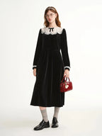 Velvet Evening Gown with Scalloped Lace Trim