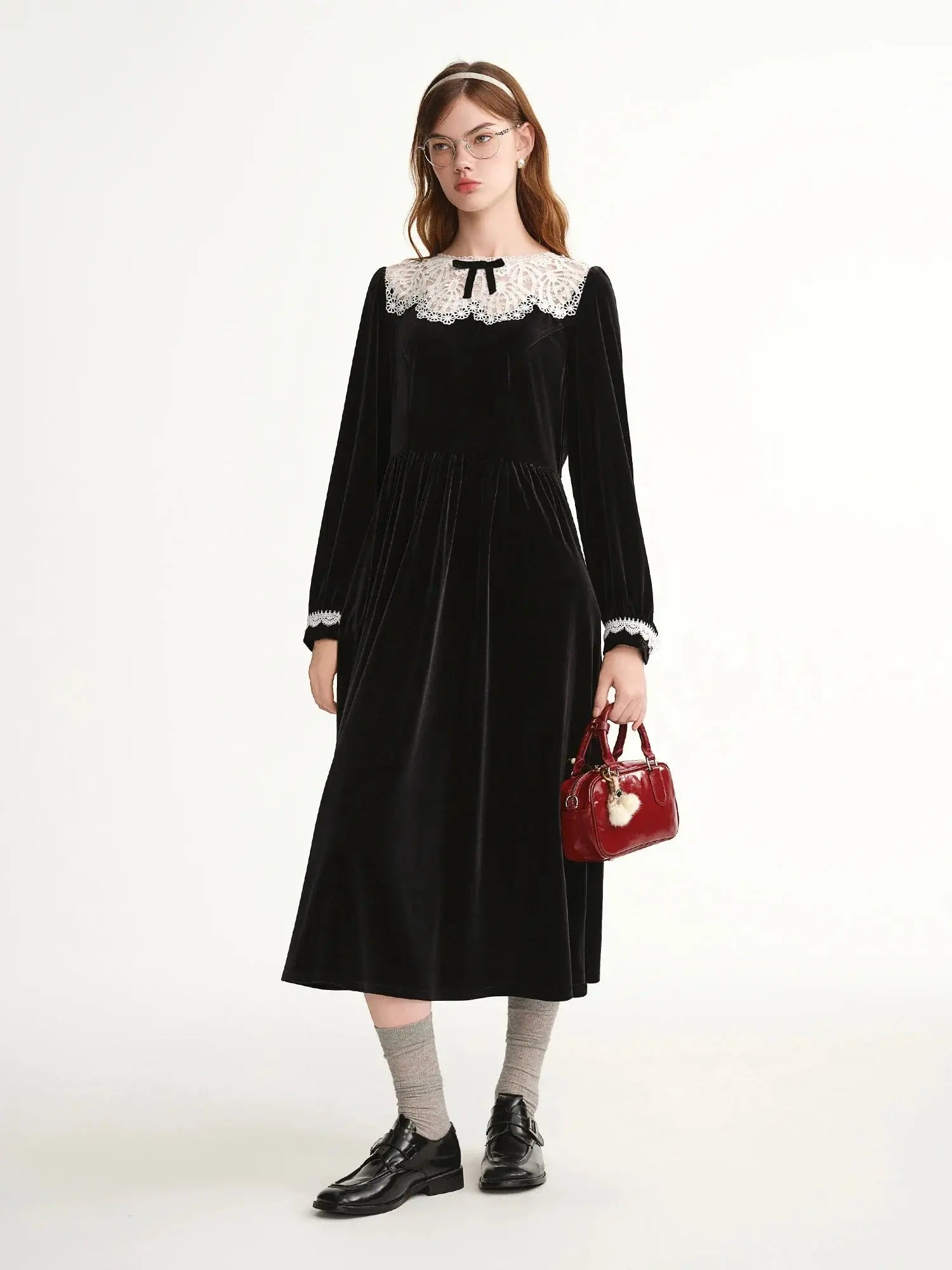 Velvet Evening Gown with Scalloped Lace Trim