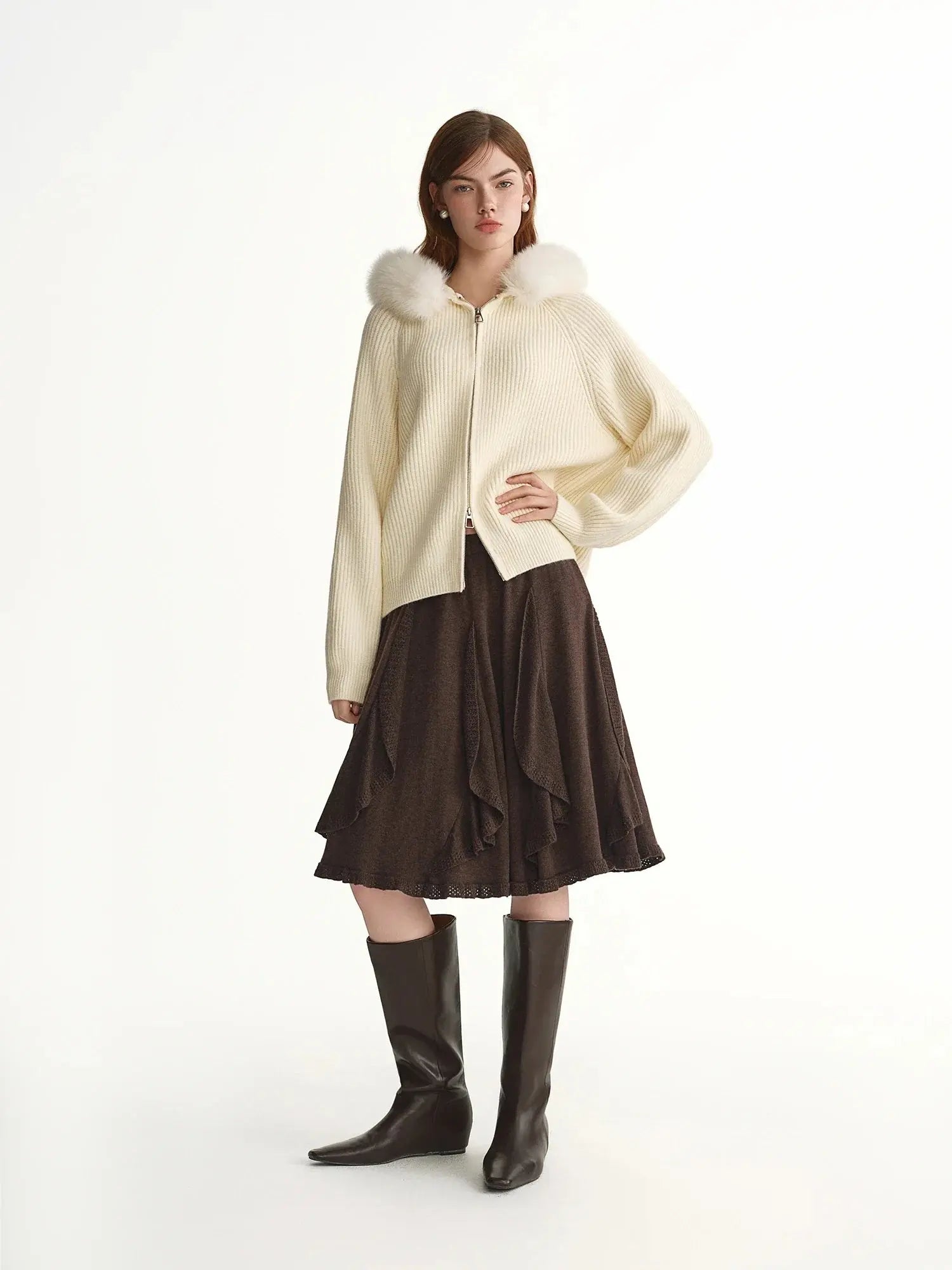 Women's Faux Fur Hooded Cardigan Winter Knit Outerwear