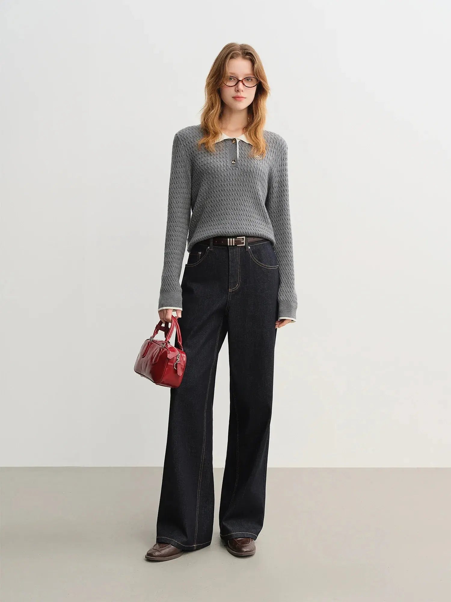 Relaxed Fit Textured Rib-Collar Knit Top