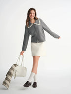 Embroidered Knit Cardigan with Lace Trim and Collar