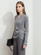 Women's V-Neck Knitted Sweater with Shell Buckle Detail