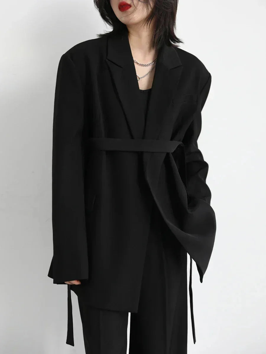 Wide Shoulder Ribbon Blazer Long Autumn Overcoat