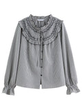 Sweet French Style Ruffled Plaid Shirt for Women