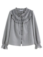 Sweet French Style Ruffled Plaid Shirt for Women