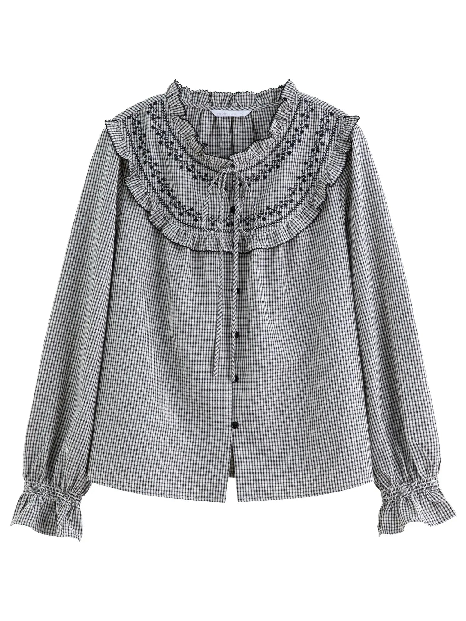 Sweet French Style Ruffled Plaid Shirt for Women
