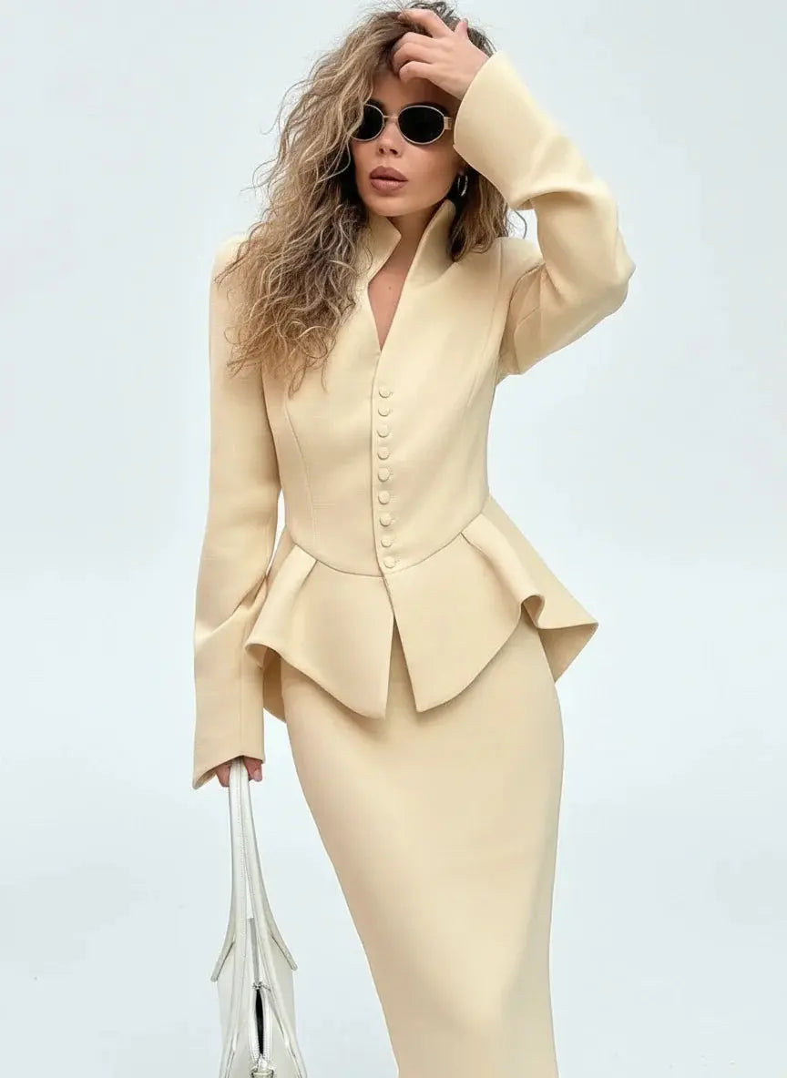 Ruffled Jacket & Slim Skirt Office Set