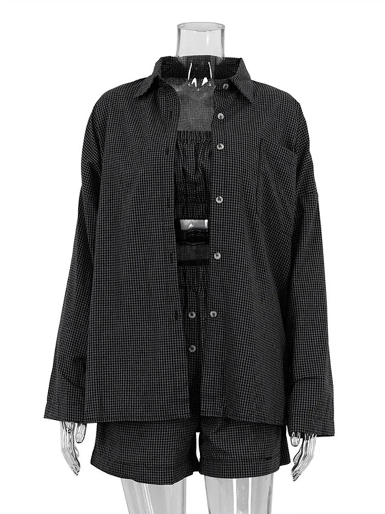 3-Piece Gray Plaid Cotton Lounge Set Loose Summer Outfit