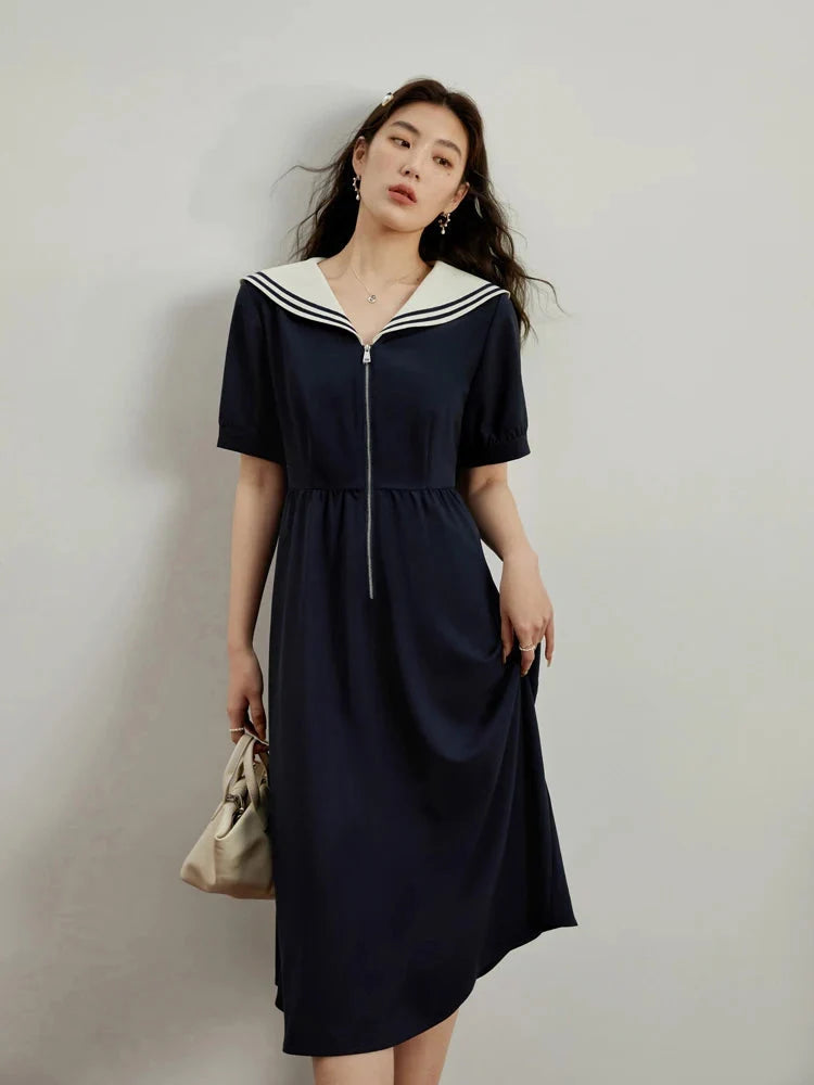 Navy Contrast Zip Dress Classic Nautical Summer Style