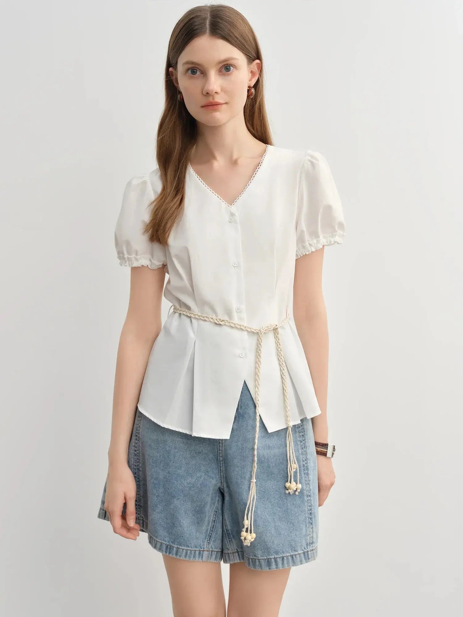 Summer V-Neck Top with Textured Pleats