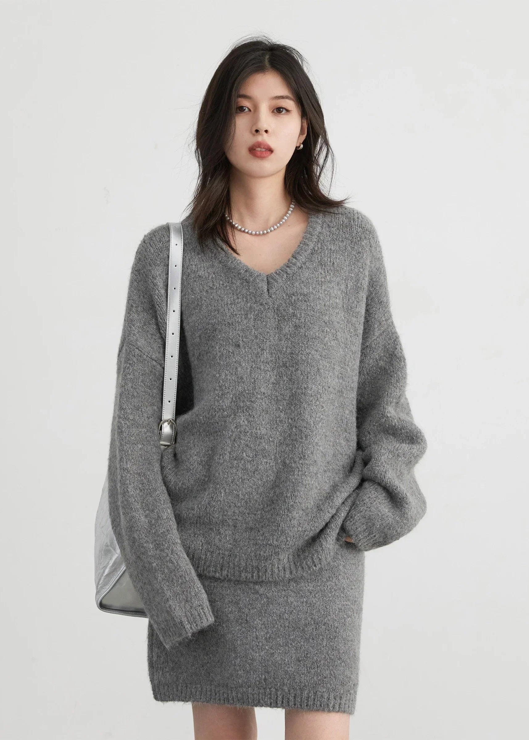 V-Neck Sweater & Mini Skirt Set 2-Piece Knit Outfit