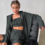 3-Piece Gray Plaid Cotton Lounge Set Loose Summer Outfit