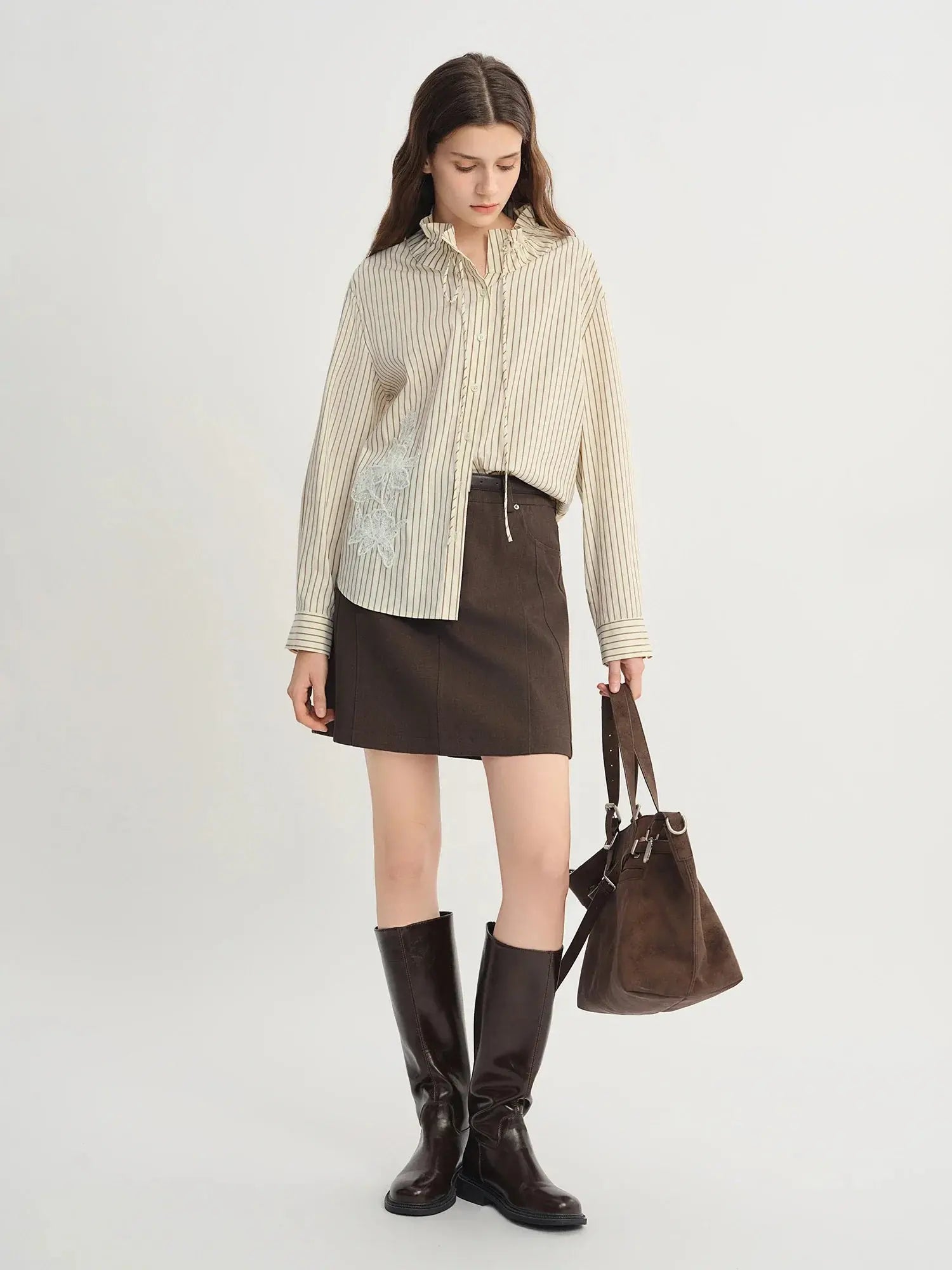 Plus Size French Style Striped Shirt with Lace Patch