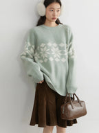 Snowflake Round Neck Knitted Pullover - Winter Jumper