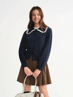 Embroidered Knit Cardigan with Lace Trim and Collar