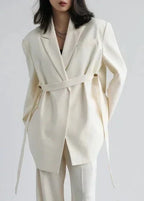 Wide Shoulder Ribbon Blazer Long Autumn Overcoat