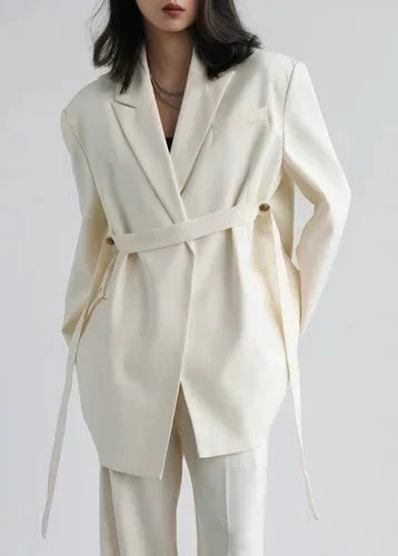Wide Shoulder Ribbon Blazer Long Autumn Overcoat