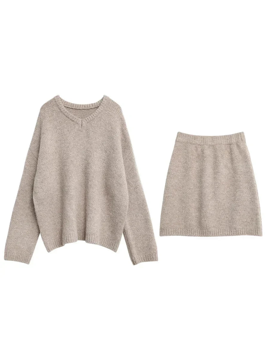 V-Neck Sweater & Mini Skirt Set 2-Piece Knit Outfit
