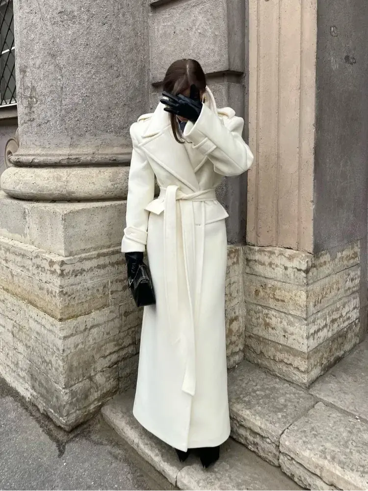 Chic Double-Breasted Wool Coat with Lace-Up Detail