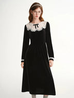 Velvet Evening Gown with Scalloped Lace Trim