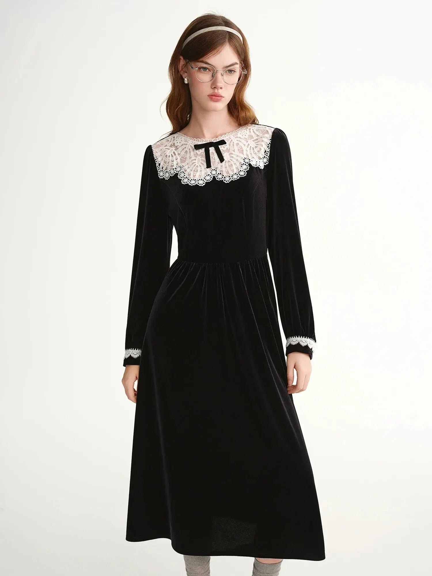 Velvet Evening Gown with Scalloped Lace Trim