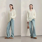 Casual, Solid Color V-Neck Loose Knit