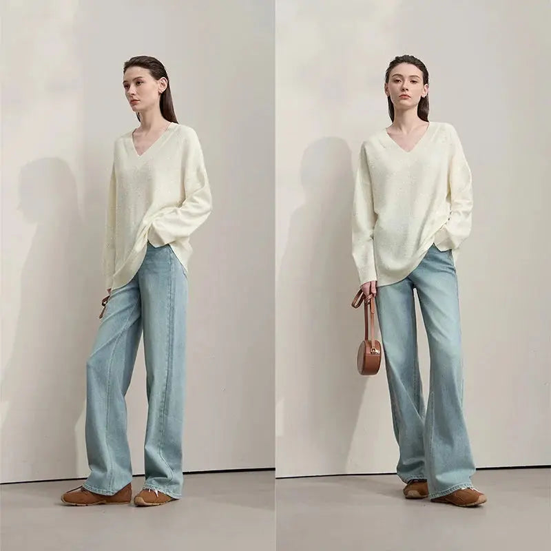 Casual, Solid Color V-Neck Loose Knit