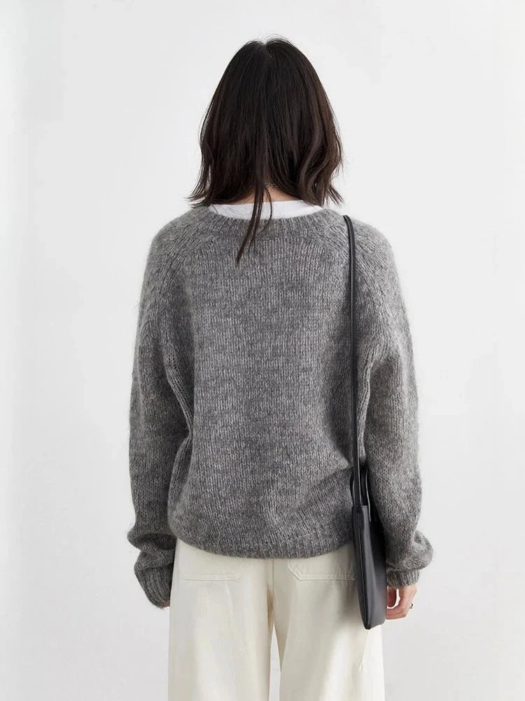 V-Neck Mohair Sweater Soft Loose Knit Pullover