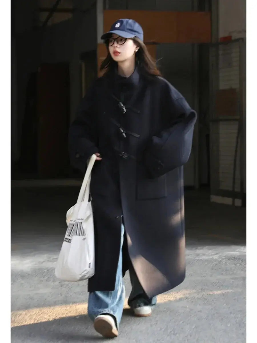 Women's Retro Wool Overcoat: Loose Fit Korean Winter Style