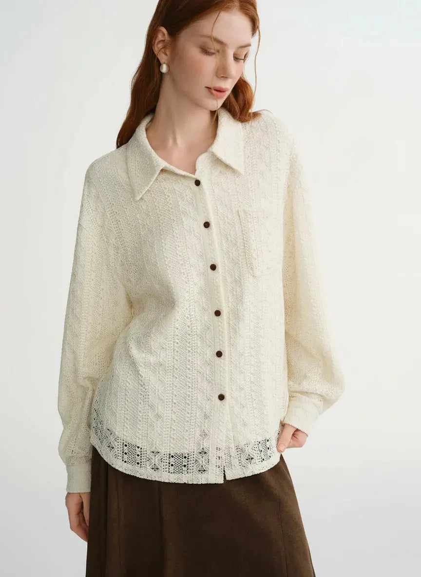 Soft French Style Commuting Top with Hollow Out Embroidery