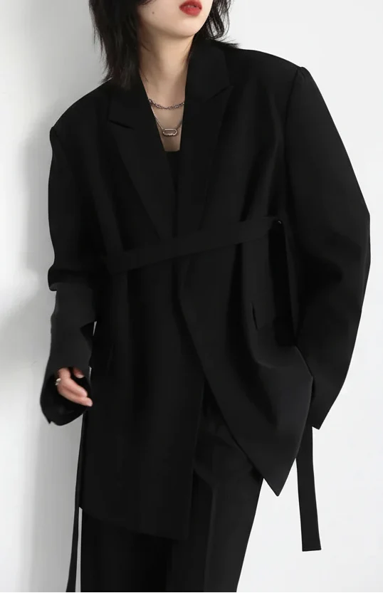 Wide Shoulder Ribbon Blazer Long Autumn Overcoat