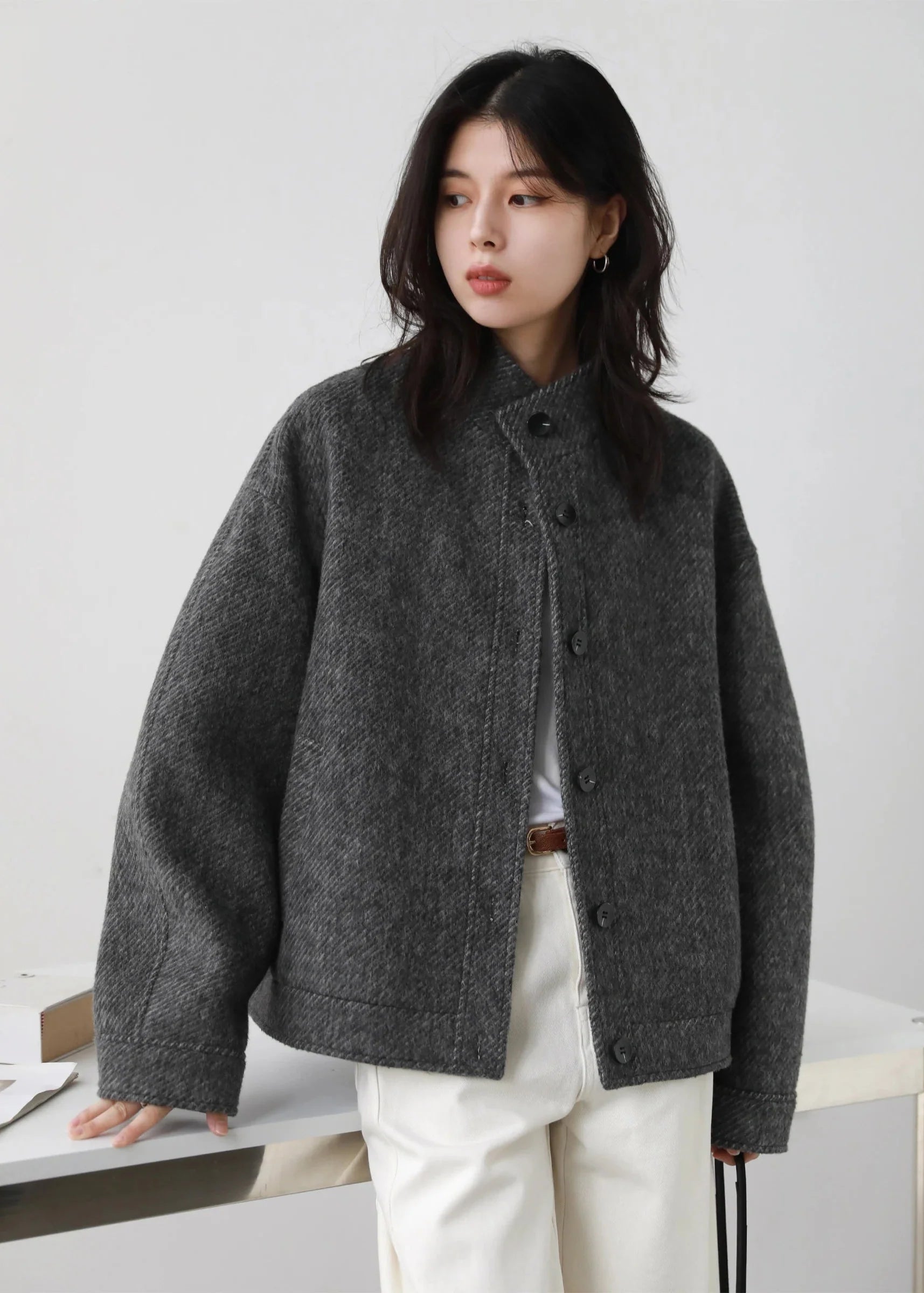 Retro Short Woolen Coat Stand-Up Collar Winter Jacket