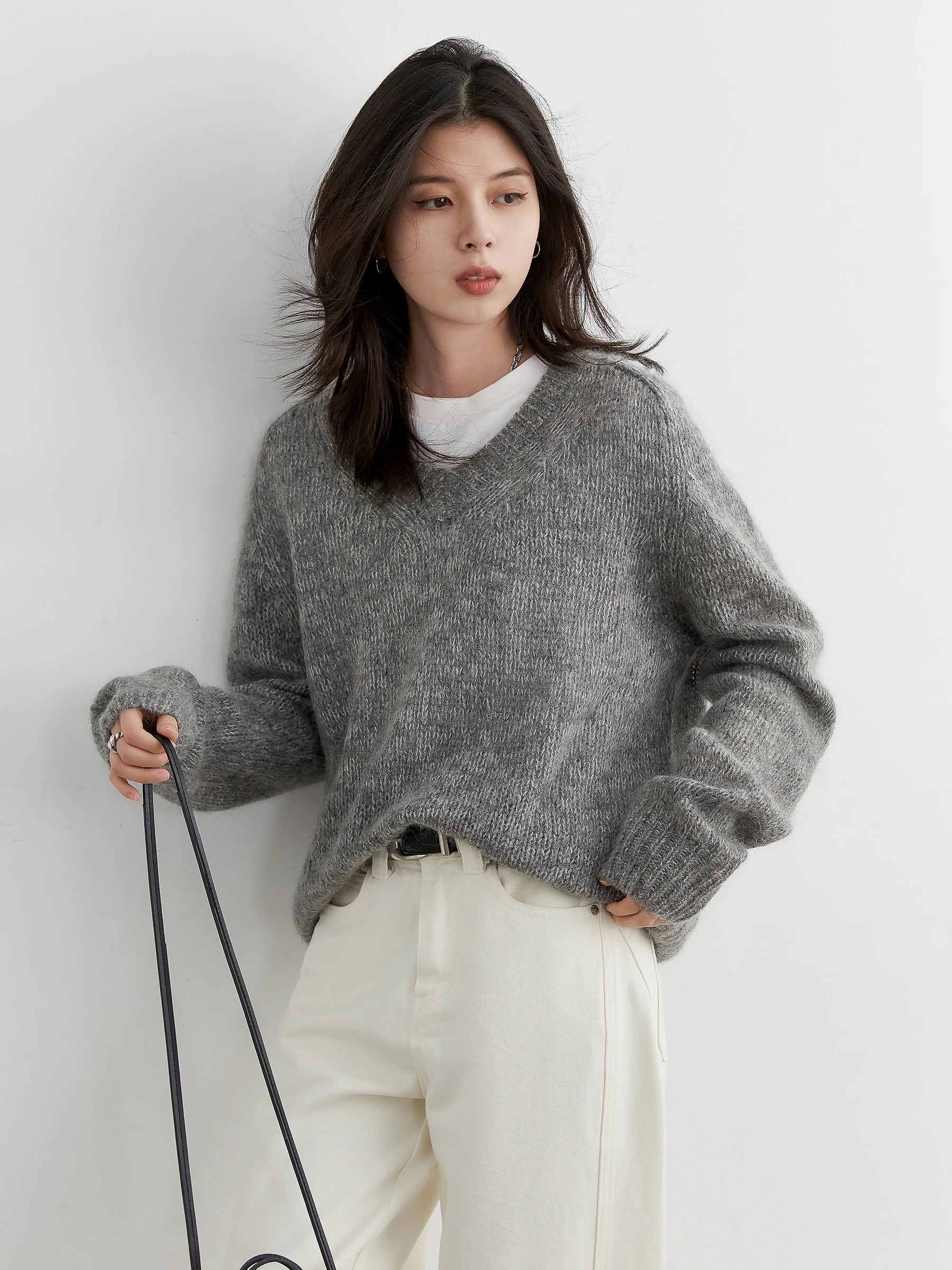 V-Neck Mohair Sweater Soft Loose Knit Pullover