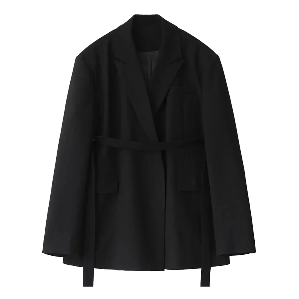 Wide Shoulder Ribbon Blazer Long Autumn Overcoat