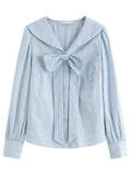 Plus Size Navy Striped Shirt Dress with Bow Autumn Style