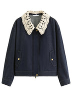 Handmade Sweet Crochet Collar Denim Jacket