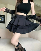 Y2K Sweet Solid Women Mini Skirt Summer High Waist Lace Patchwork Ladies Ball Gown Fashion All Match Ruffles Female Skirt