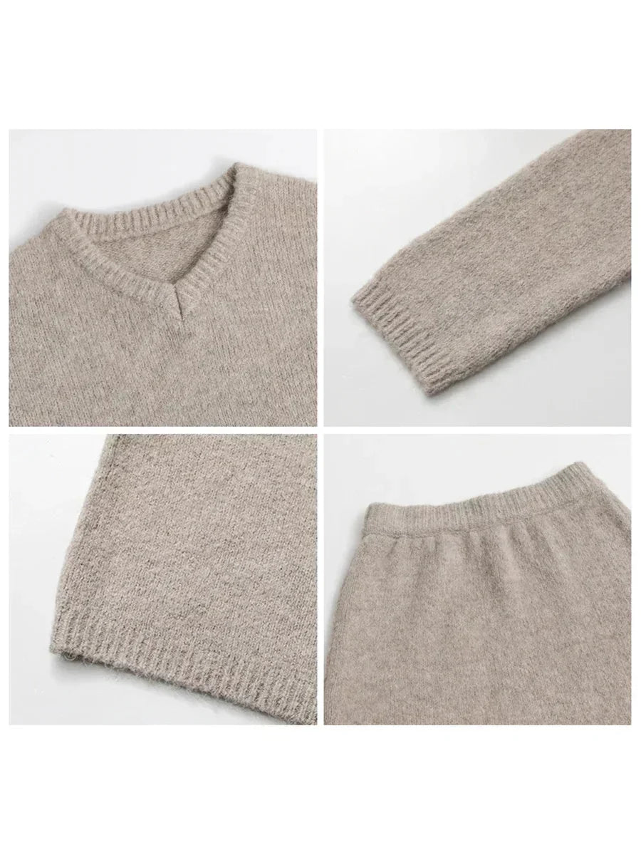 V-Neck Sweater & Mini Skirt Set 2-Piece Knit Outfit