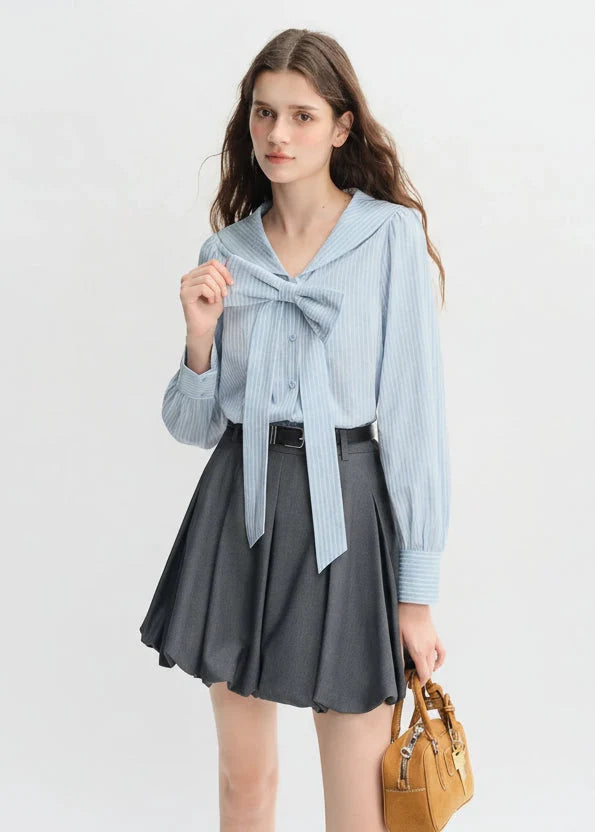 Plus Size Navy Striped Shirt Dress with Bow Autumn Style