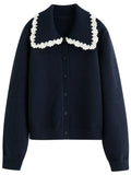 Embroidered Knit Cardigan with Lace Trim and Collar