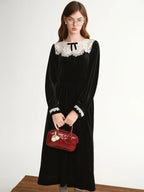 Velvet Evening Gown with Scalloped Lace Trim