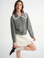 Embroidered Knit Cardigan with Lace Trim and Collar