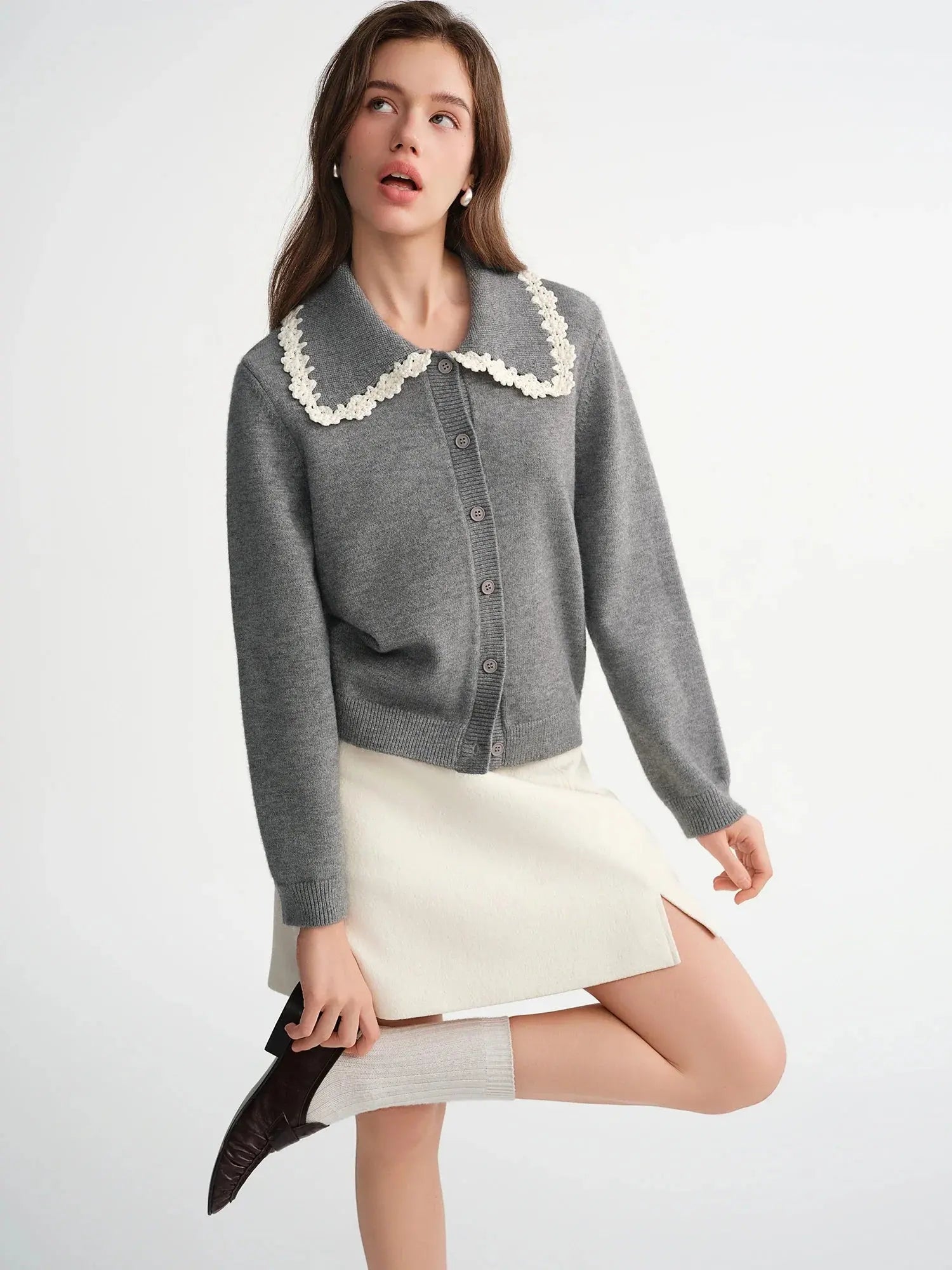 Embroidered Knit Cardigan with Lace Trim and Collar