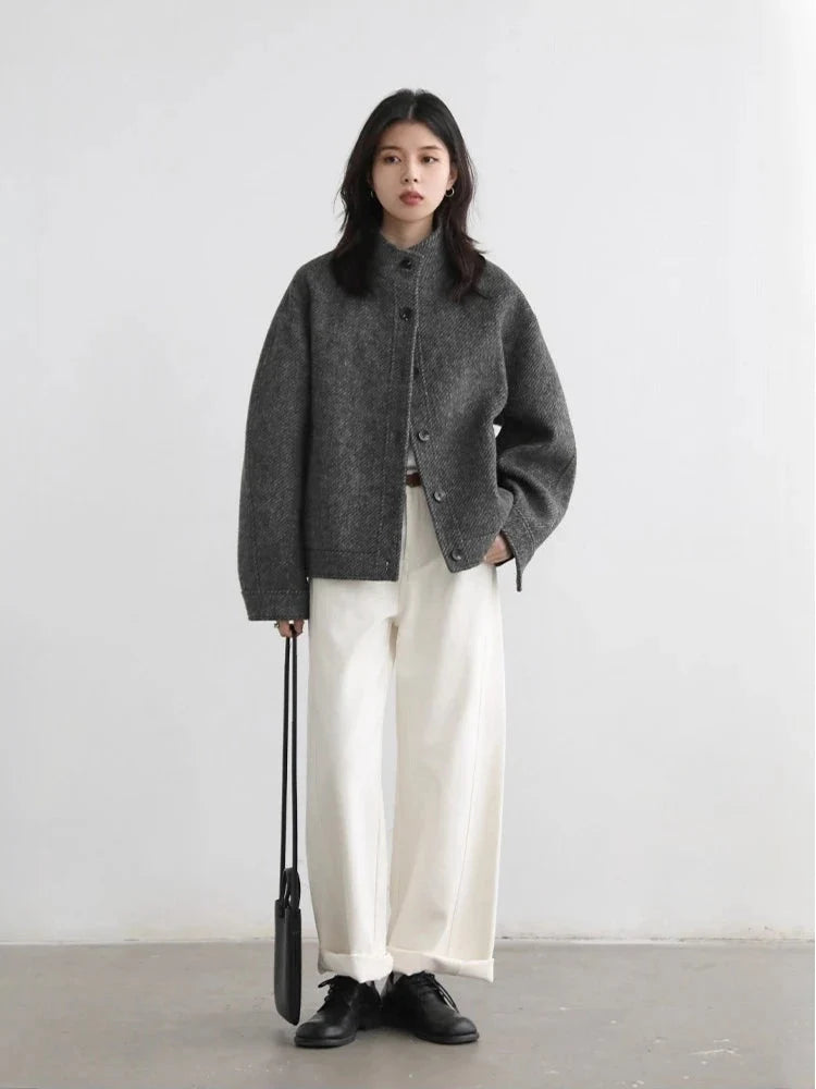 Retro Short Woolen Coat Stand-Up Collar Winter Jacket