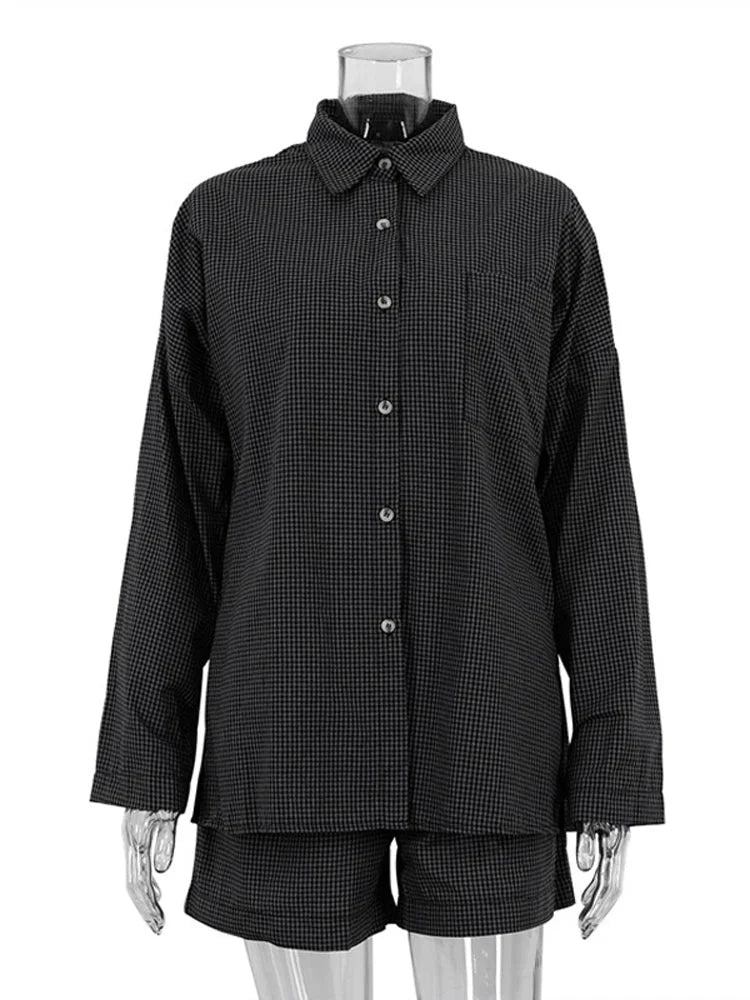 3-Piece Gray Plaid Cotton Lounge Set Loose Summer Outfit