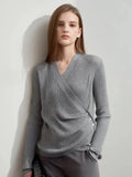 Women's V-Neck Knitted Sweater with Shell Buckle Detail