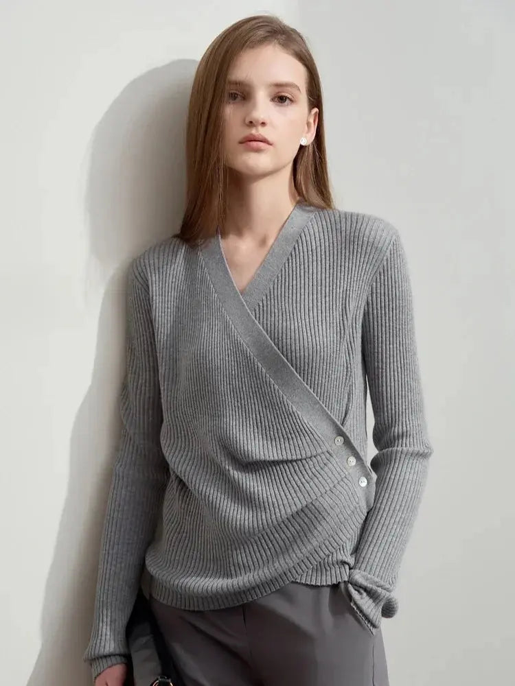 Women's V-Neck Knitted Sweater with Shell Buckle Detail
